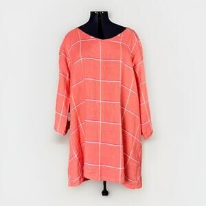 NWT FLAX Linen Medium Salmon Pink Tattersall Dolman Dress Tunic Top Plaid Office